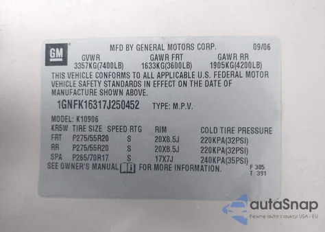 2007 Chevrolet Suburban K1500 z USA, uszkodzony, nr VIN 1GNFK16317J250452